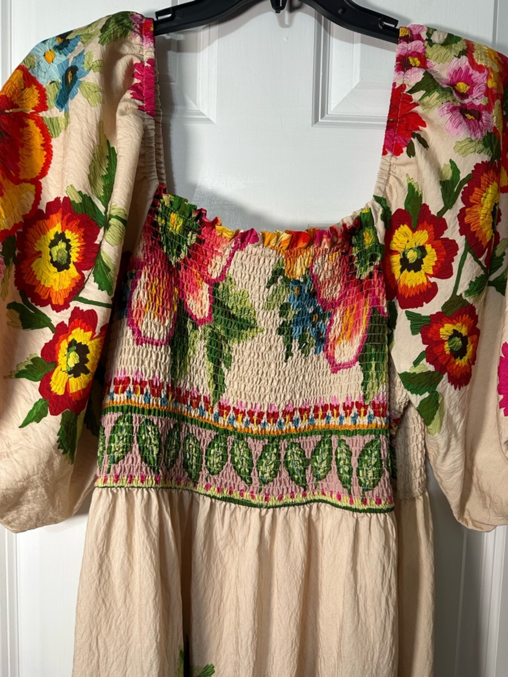 Boho Floral Maxi Dress in Cream with Multicolor Embroidery